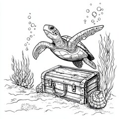 Turtle gracefully swimming over a treasure chest amidst aquatic plants.