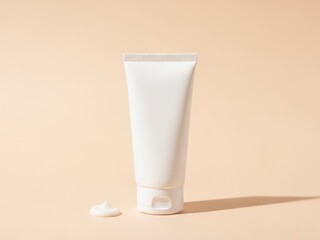 Minimalist white cosmetic tube mockup on a warm beige background with neutral lighting cream texture and a touch of shadow