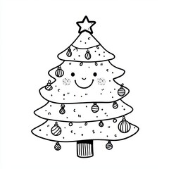 Smiling holiday tree with ornaments and star, perfect for winter festivities.
