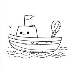 Simple drawing of a cute boat with a smiling cabin and waving flag, on the water.
