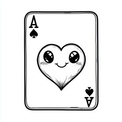 A playing card with a cute heart character, in black and white illustration.