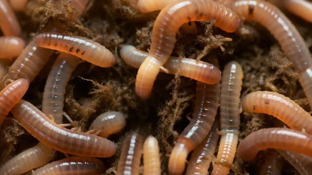 Close-up view of numerous pale, segmented larvae or maggots wriggling in dark, moist organic matter.