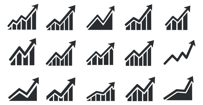 A collection of upward trending graph icons in black and white minimalist vector style, suitable for business analytics and financial presentations