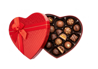 Open heart shaped red box filled with assorted gourmet chocolate truffle candy isolated on transparent background