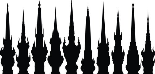 A silhouette of multiple church steeples against a white background