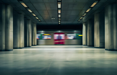 Empty Subway Station Hall With Blurred Train In The Backlit Underground Corridor
