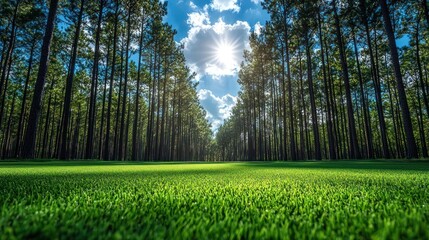 Verdant grasses with forest overhead, sunny day
