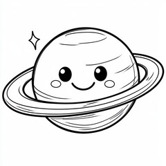 Cartoon planet with rings and a cute face, next to a shining small star.