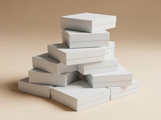 Stacked white gift boxes with a warm neutral background clean minimalist design with soft shadows and textures creating a simple studio shot