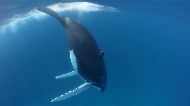 A majestic humpback whale gracefully swimming underwater in clear blue ocean, showcasing its distinctive long pectoral fins.