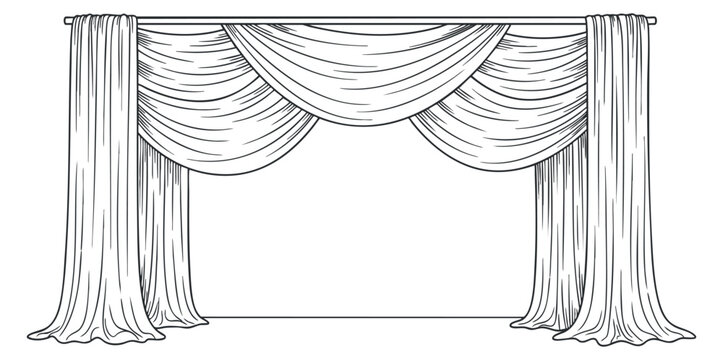 A pair of elegant stage curtains draped in a black and white outline vector style, suitable for theater designs and event decorations