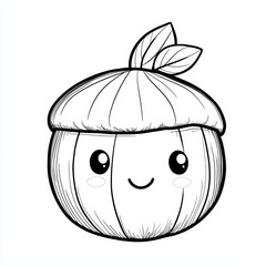 A charming acorn character outlined in black and white with cute features.