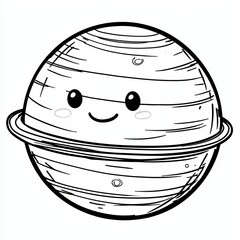 A cartoon planet with horizontal lines and a ring with a happy expression.