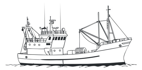 Obraz premium A fishing boat depicted in a detailed black and white outline vector style, suitable for maritime themes and illustrations