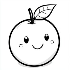 A simple cartoon of a happy apple with a leaf on top, in black and white.