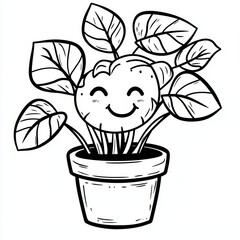 A cute, cartoon plant pot with a smiling face and large leaves, black and white.