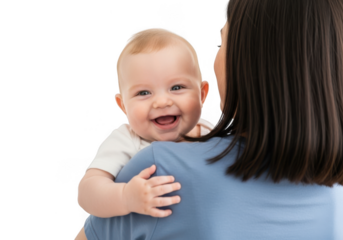 Happy baby boy smiling while being held by mother over shoulder isolated on transparent background