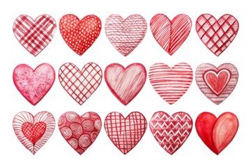 A beautiful collection of hand-painted red and pink watercolor hearts with various patterns