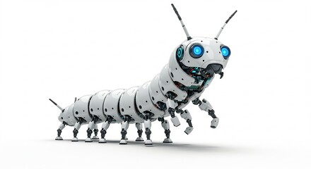 Naklejka premium 明るい照明の下で輝く白いロボットイモムシ青い目と黒い斑点が際立つ未来的な生命体の美しさ. AI Generated