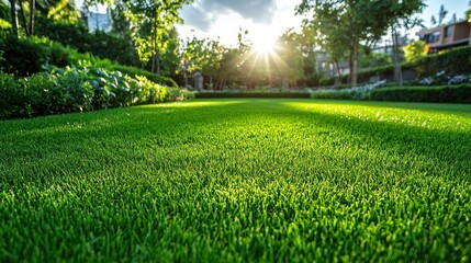 Verdant lawn under bright, beaming sunlight