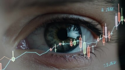 Close-up of an eye reflecting stock market charts, symbolizing focus on financial trends and analysis - Powered by Adobe