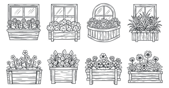 A collection of window planters filled with various flowers and plants in black and white outline vector style, ideal for home decor and gardening themes