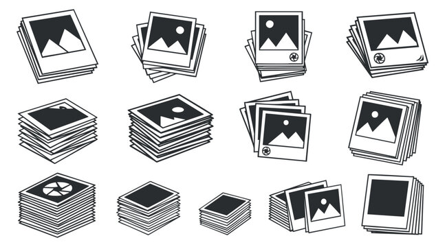 A collection of various photo stack icons and picture frames in black and white vector style, ideal for digital media design