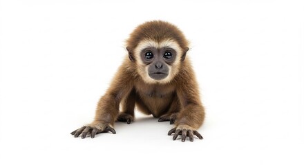 Obraz premium 幼いテナガザルが白い背景でカメラをじっと見つめる愛くるしい瞳と柔らかな茶色の毛並みが際立つ明るいスタジオ撮影. AI Generated