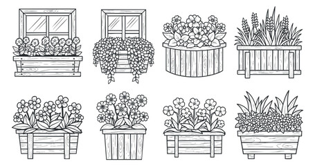 A collection of hand-drawn flower planters and window boxes in linear vector style, suitable for gardening themes and home decor.