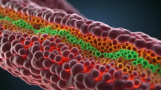Microscopic view of a biological structure with layered cells or molecules in red, orange, and green.