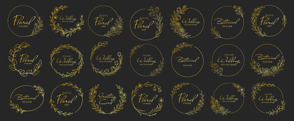Golden floral wreath frames set, elegant botanical circular borders and ornaments, luxury hand drawn line art vector illustration for wedding design on transparent background