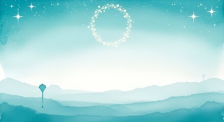 Dreamy Winter Wonderland Landscape with Sparkling Stars and Festive Wreath