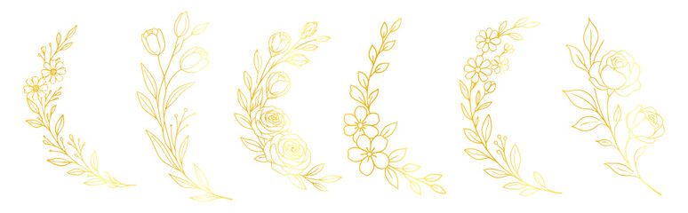 Golden floral wreath frames set, elegant botanical circular borders and ornaments, luxury hand drawn line art vector illustration for wedding design on transparent background