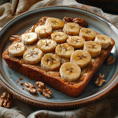 Banana bread topped with sliced bananas and honey drizzle