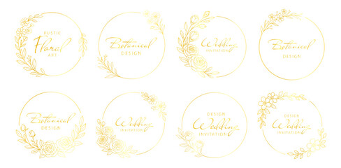 Golden floral wreath frames set, elegant botanical circular borders and ornaments, luxury hand drawn line art vector illustration for wedding design on transparent background