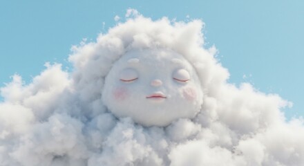 青空に漂うふわふわの雲の顔が穏やかに眠る夢のような光が愛らしい表情を優しく照らす. AI Generated