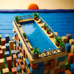 A terrace on a skyscraper with a swimming pool offering a beautiful view of the surrounding city by the sea