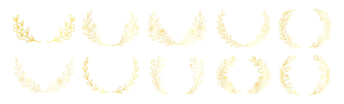 Golden floral wreath frames and circular botanical borders, elegant line art flowers and leaves, luxury decorative wedding invitation design set on transparent background