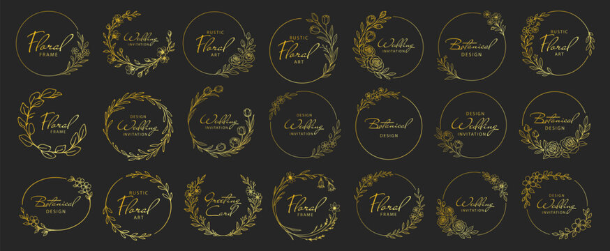 Golden floral wreath frames set, elegant botanical circular borders and ornaments, luxury hand drawn line art vector illustration for wedding design on transparent background