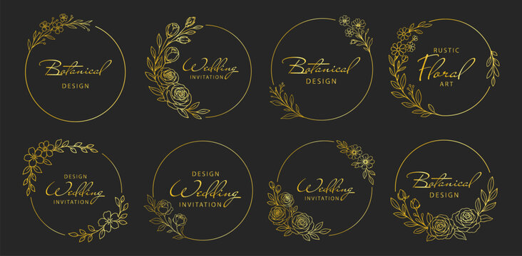 Golden floral wreath frames and circular botanical borders, elegant line art flowers and leaves, luxury decorative wedding invitation design set on transparent background - Powered by Adobe