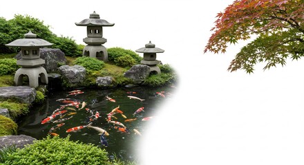 澄んだ水に錦鯉が鮮やかに泳ぐ日本庭園の池趣ある石灯籠と豊かな苔岩秋の紅葉を白い背景に美しく配置し静かで雅な和の空間を創出. AI Generated