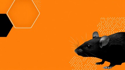 Realistic black mouse profile on vibrant orange background with geometric shapes. Modern design suitable for pest control ads, science themes, or Halloween banners.