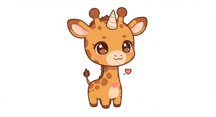 キラキラした瞳が印象的なふわふわ可愛いユニコーンキリンが優しく微笑むデジタルイラスト. AI Generated