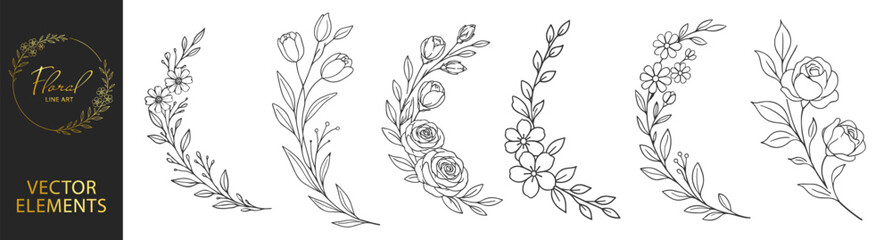 Floral wreath frames and circular botanical borders, elegant hand drawn line art flowers and leaves, decorative wedding invitation design set on transparent background © Pavlo