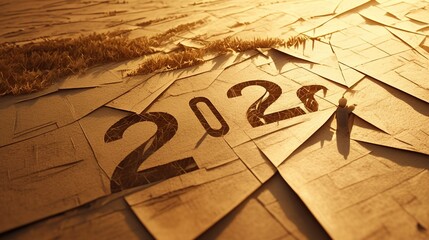 A close-up of the handmade paper sculpture "2026," made on recycled cardboard, shows visible paper fibers, natural imperfections, and warm, soft earth tones, complemented by gentle shadows.