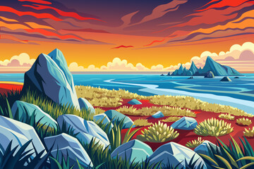 grassy coastal meadow stretches toward the sea, blending open plant fields with ocean horizons and soft shoreline transitions
