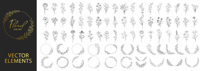 Floral line art botanical elements set, flowers branches and wreath frames, elegant hand drawn outline vector collection for wedding and branding on transparent background © Pavlo