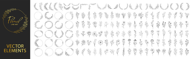 Floral line art botanical elements set, flowers branches and wreath frames, elegant hand drawn outline vector collection for wedding and branding on transparent background © Pavlo