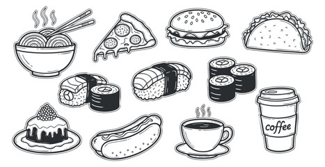 A set of various food items including sushi, noodles, pizza, burgers, and coffee in black and white outline vector style, perfect for menu designs and culinary branding