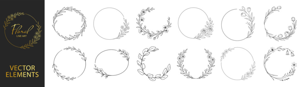 Floral wreath logo set, botanical frames and wedding invitation elements, elegant rustic hand drawn line art vector collection on transparent background